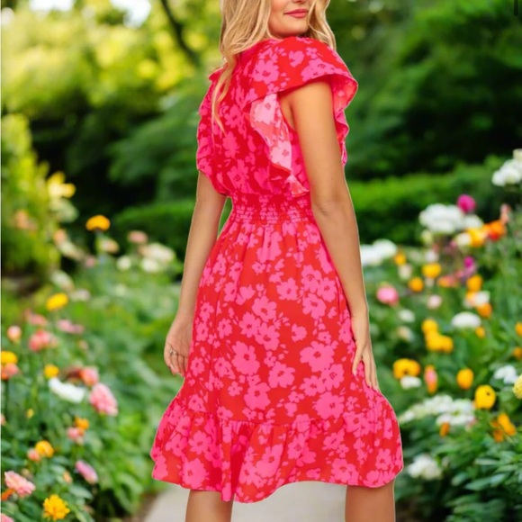 NEW Remember Me Red & Pink Floral Print Smocked Waist Midi Dress - Picture 2 of 14